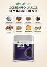 Herbalmaza Confid-Pro Majoon herbal medicine showing the jar with the herbal paste inside and herbal ingredients around it.