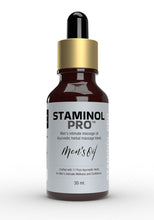 A 30 ml amber glass dropper bottle of STAMINOL PRO Men's Intimate Massage Oil with a white label and a metallic gold collar, set against a plain white background.