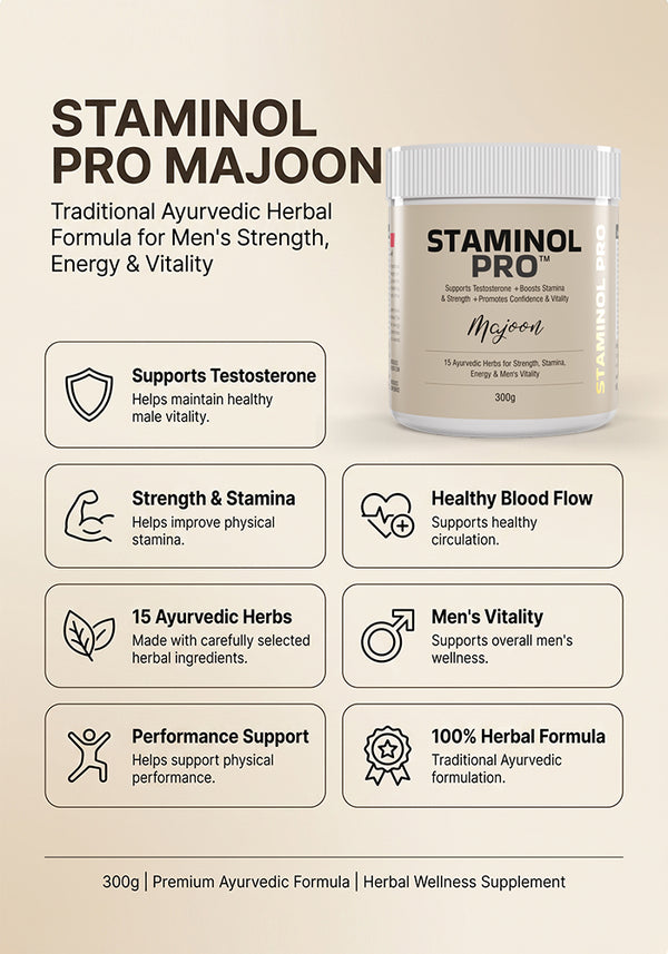 Herbal Maza Staminol Pro™ Majoon herbal medicine jar with traditional packaging and herbal ingredients visible.