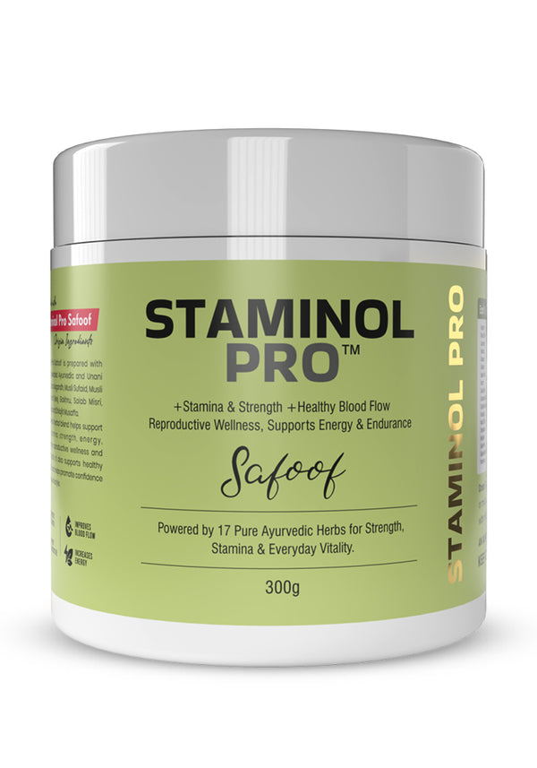 A 300g white plastic tub of Saafol Staminol Pro powder with a light green label, shown on a plain white background.