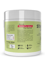 A white plastic tub of Staminal Pro Safool dietary supplement with a light green label, shown on a plain white background.