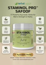 A product advertisement for Herbal Maza Staminol Pro Safoof, a white plastic tub of ayurvedic powder with a light green label, set against a beige background with various benefit icons and text.